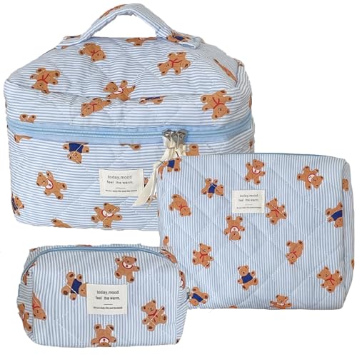 3PCS Quilted Make Up Bag Set Cute Cotton Make Up Pouch Blue Striped Bear Cosmetic Bag Set Large Travel Toiletry Bag For Women(B)