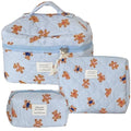 3PCS Quilted Make Up Bag Set Cute Cotton Make Up Pouch Blue Striped Bear Cosmetic Bag Set Large Travel Toiletry Bag For Women(B)