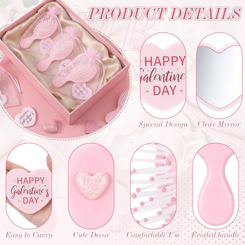Yungyan 12 Set Galentine's Day Party Favors for Women Pink Heart-Shaped Mirror and Small Hair Brush with Organza Bag Party Supplies Cute Inspirational Gift Sets for Bestie Birthday Bridal Shower