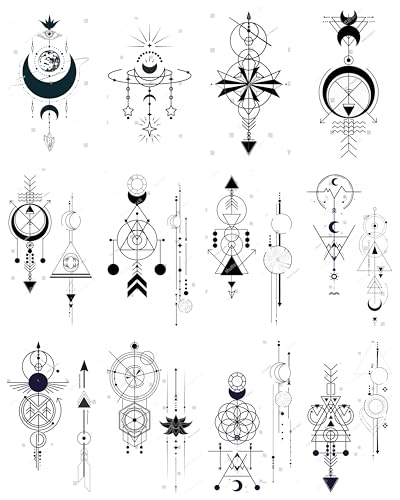 12 Sheet Geometric Temporary Tattoos Black Mystical Moons