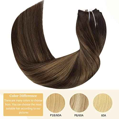 Anrosa Fish Line Invisible Hairpiece for Women Balayage Dark Brown to Chestnut Brown Extensions with Transparent Straight Real Human Hair Extensions 12 Inch 70G Wire Hair Extensions Adjustable Clips