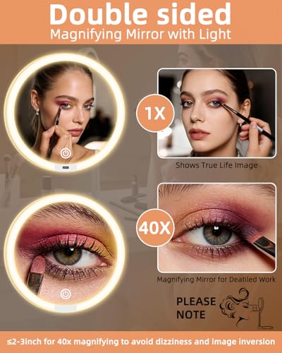 Suupvaor Travel Magnifying Makeup Mirror with Lights, Dual 1X/40X, Foldable, White - 40x Variant