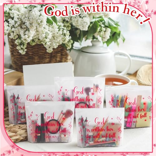 Kacctyen 150 Pack Woman of Faith EVA Bags Gift Bulk God Is Within Her She Will Not Fall Women's Day Party Favor Mother's Day Christian Bible Reusable Clear Pouches with Zipper Waterproof Bag