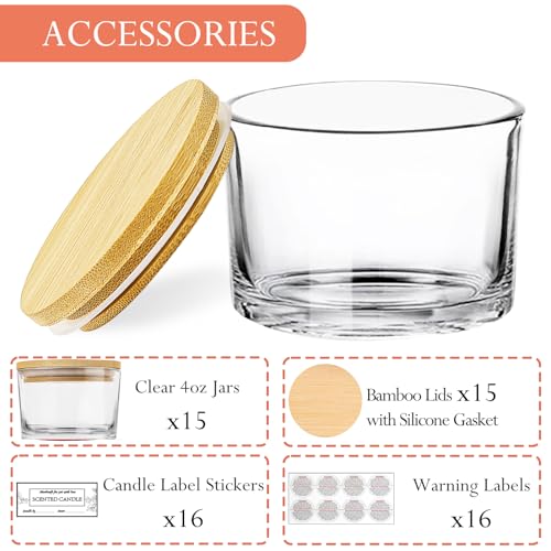 CONNOO 15 Pack 4oz Clear Glass Candle Jars with Bamboo Lids