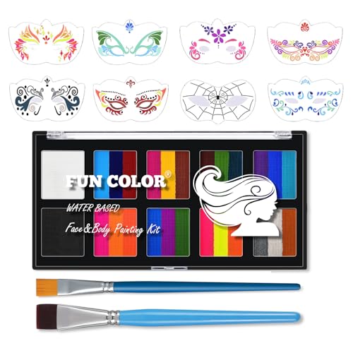 10 Color Rainbow Face Paint Kit with Stencils & Brushes