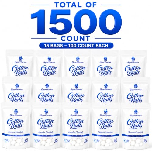 Soft Absorbent Cotton Balls 1500 Count - 15 Resealable Bags Bulk Pack