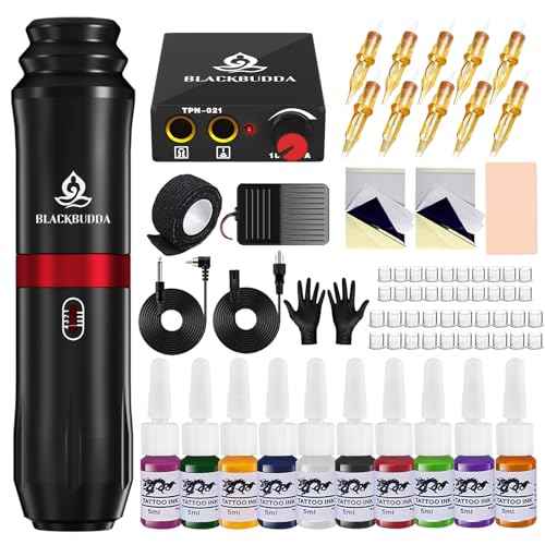 Tattoo Gun Kit for Beginners, Rotary Pen with Power Supply, Professional Ink Kit, Foot Pedal & Pigment, Light Tattoo Gun 10pcs Cartridge Needles,Complete Starter Set (Black)