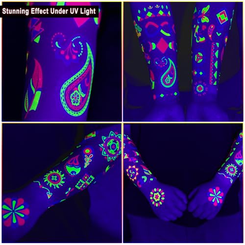 Glow in The Dark Temporary Tattoos - 20 Sheets, 160+ UV Neon Designs