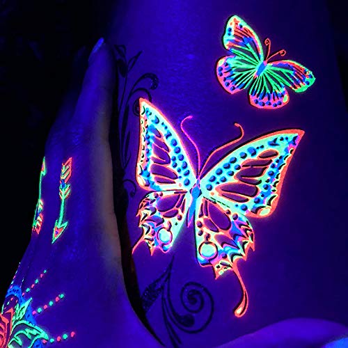 Temporary Tattoos ? 1 Sheet Butterfly Design Body Paint Art Blacklight Reactive Light Festival Accessories Glow in the Dark Party Supplies | 7.2¡± x 5.2¡± Temp Great for EDM EDC Party Rave Parties