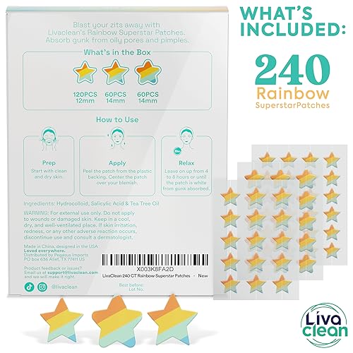 LivaClean 240 CT Rainbow Superstar Acne Patches w/Salicylic Acid & Tea Tree, Rainbow Star Patch Star Pimple Patch Pimple Patches for Face Pimple Patches Acne Patches Cute Zit Patches for Face Star