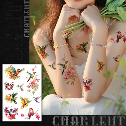 Watercolor Hummingbird Temporary Tattoos for Women - 9 Large Sheets Hummingbird Tattoo with Flowers, Waterproof Fake Body Art Birds Tattoo Stickers