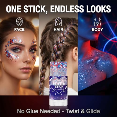 Patriotic Red White Blue Glitter Stick - 2 Pack, Waterproof Face & Body Makeup