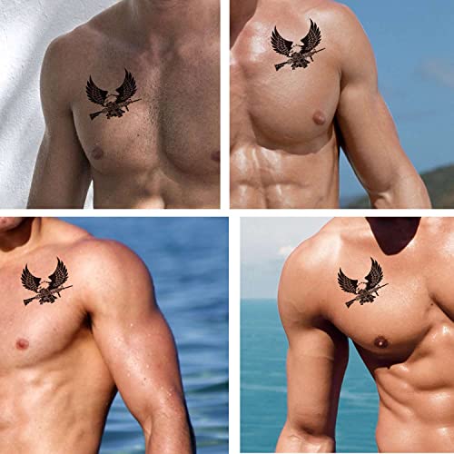 Six sheets Temporary Tattoos for Men and Women Usa Bald Eagle Holding America Assault Rifle in Claws for Men Temporary tattoo for Women Neck Arm Chest for Woman