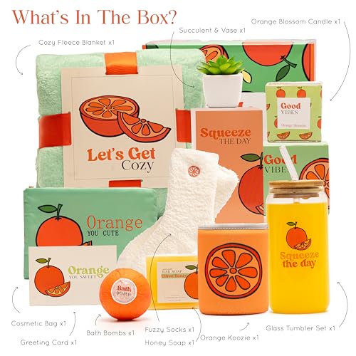 The Love Crate Co. Self Care Package for Women. Thinking of You Self Care Kit. Orange Fruit Themed Birthday Box for Woman, Get Well Soon Gift Basket for Women After Surgery, Spa Gifts for Women