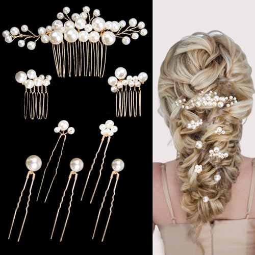 8-Piece Pearl Wedding Hair Combs Set with Rhinestones
