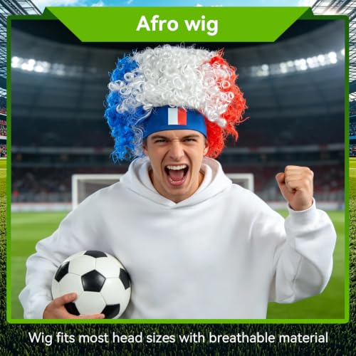 France Soccer Fan Gear Set with Temporary Tattoos, Wig & Loud Horn – World Cup Party Supplies