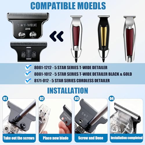 2215 Adjustable Zero-Gap T Blade Replacement for Wahl 5 Star Detailer Li Trimmer Models 8081/8171 (Black)
