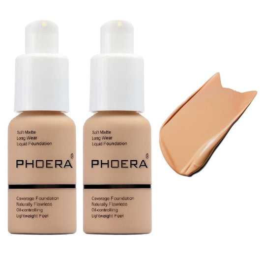 2 Pack PHOERA Foundation, 24HR Matte Oil Control Concealer, Full Coverage Foundation for Women Makeup.(104# Buff Beige)