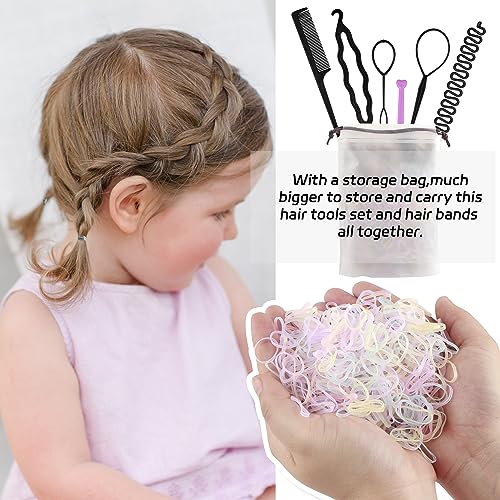 Beauty.H.C Hair Rubber Bands Set - 1000 Pcs Small Elastics with Topsy Braiding Tools for Kids and Girls - Clear Pink