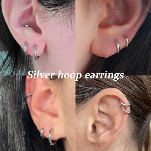 4 Pair Small Hoop Earrings Set for Women, 316L Surgical Stainless Steel Huggie Hoop Earrings Hypoallergenic Cartilage Hoop Earrings for Helix Tragus Conch Piercing Jewelry for Women Men(Silver)