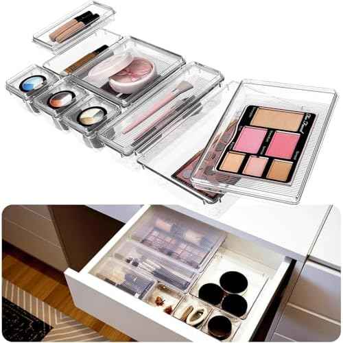 14 Pcs Drawer Organizer for Makeup/Office Supplies/Vanity/Desk Drawer Organizers, Acrylic Organizers, Shallow Drawer Organizers with Lid Design