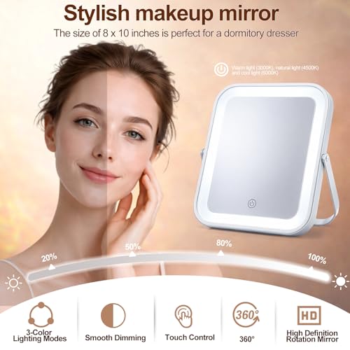 8" Portable Makeup Mirror with Lights, Rechargeable Dimmable
