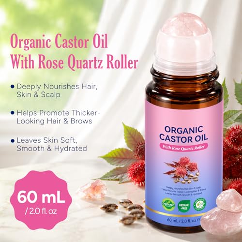 Organic Castor Oil Roll-On with Rose Quartz Roller, 2 fl oz