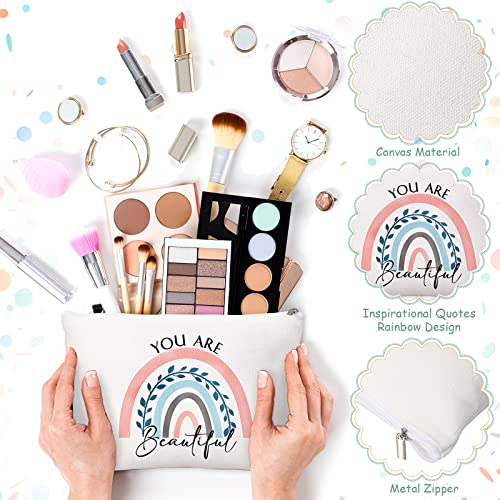 Coume 30 Pcs Inspirational Canvas Makeup Bags Bulk for Women Back to School Appreciation Gift Motivational Cosmetic Bags with Zipper Boho Makeup Pouch for Students Nurse Coworker Office(Rainbow)