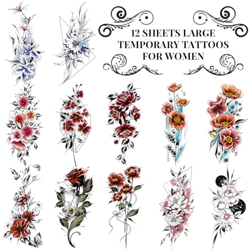 Cerlaza Realistic Flower Temporary Tattoos for Women, 12 Sheet Waterproof Semi-Permanent