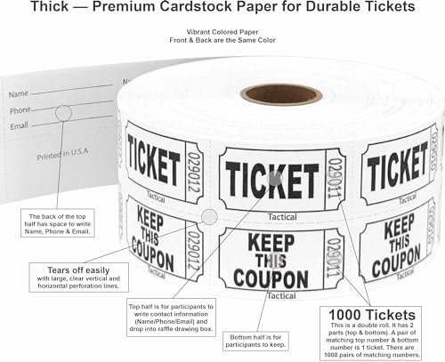 1000 Tacticai Raffle Tickets, White (8 Color Selection), Double Roll, Ticket for Events, Entry, Class Reward, Fundraiser & Prizes