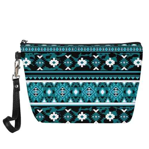 GIFTPUZZ Aztec Blue Cosmetic Makeup Bags Pouch Organizer Case Toiletry Storage Bag for Women Travel Gym Storage Brush Pouch Zippered Waterproof Coin Case