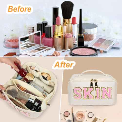 Large Capacity Skincare Bag, Chenille Letter Preppy Makeup Bag, PU Leather Large Capacity Travel Cosmetic Bag with Divider and Handle, Gift for Women