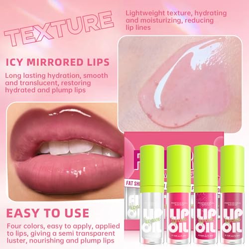 4 Colors Hydrating Lip Oil Plumping + Lip Liner Set, Shiny Glow Reviver Lip Care Oil, Moisturizing Big Brush Head Clear Pink Glitter Transparent Lip Gloss Combo Makeup Present for Women