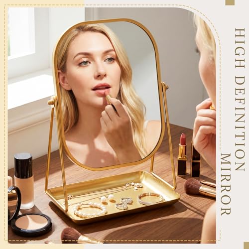 Nuanchu Gold Makeup Mirror with Jewelry Tray - 360° Rotating Vanity