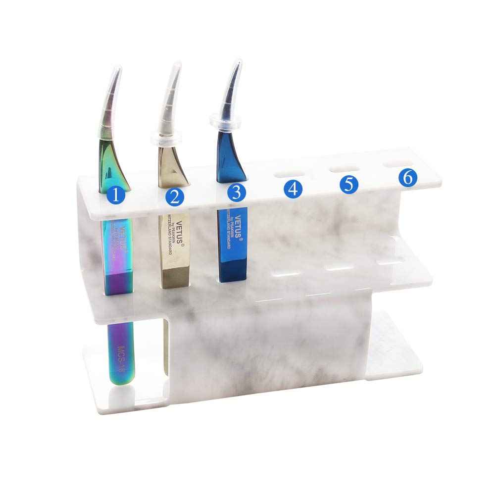 Mekupeu 6 Holes Tweezers Holder Eyelash Extension Supplies Display Stand, Marble, 1 Pc