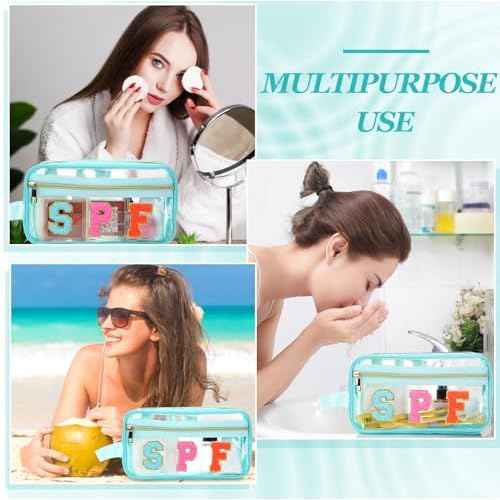 Pinkunn Chenille Letter Bag Clear Makeup Pouch Cute Preppy Letter Patch Cosmetic Bag with Zipper Nylon Waterproof Portable Travel Purse Toiletry Organizer for Appreciation Gift(Teal,Spf)
