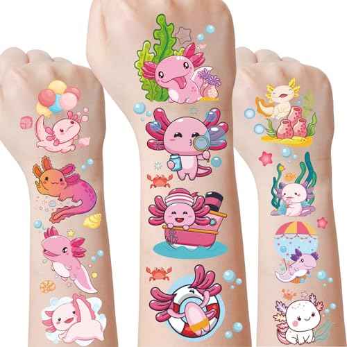 Pink Cute Axolotl Temporary Tattoos - 8 Sheets 200 Pcs Axolotls Birthday Party Decorations Supplies Kawaii Reptile Animals Salamander Tattoo Stickers for Girls Kids School Rewards Gifts