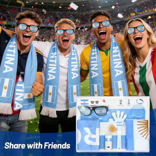 Argentina Fan Gear Set - 6-Piece Soccer Supporter Kit with Flag, Scarf, Face Paint, Glasses, Wristband & Clapper