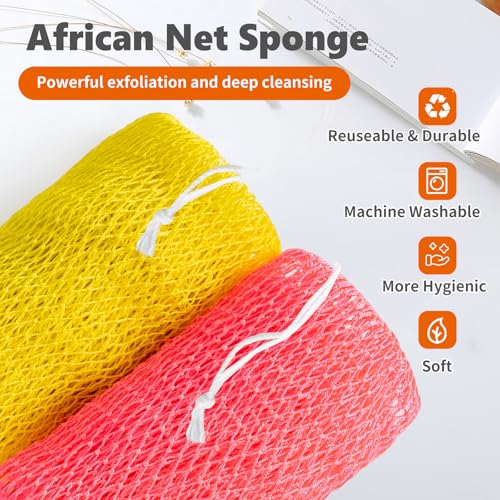 African Net Loofah Sponge Set - Exfoliating Body Scrubber for Shower, Long Back Washcloth, 2 Pieces