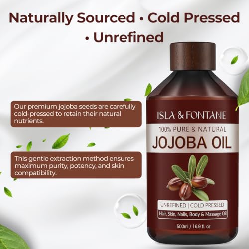 ISLA & FONTANE Jojoba Oil Set ? 17 fl oz (500ml) | 100% Pure & Natural | Golden, Unrefined, Cold Pressed | 2 Dropper Bottles & Massager | Hexane-Free Carrier Oil for Skin, Hair, Face, Nails & Body