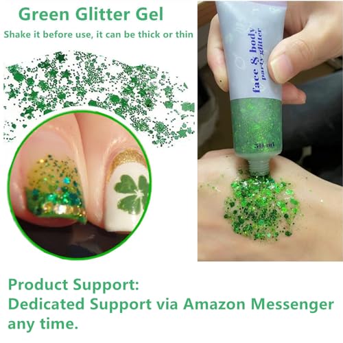 Go Ho Green Face Body Glitter,St Patricks Day Face Glitter Makeup,Green Face Paint Holographic Chunky Sequins Glitters for Eye Lip Hair Nails,Festival Rave Accessories,52g