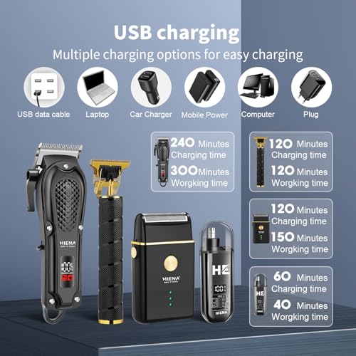 HIENA PRO Hair Clippers for Men Professional, Cordless Barber Clipper & T-Blade Beard/Hair Trimmer Set, Electric Razor Foil Shaver Nose Trimmer Barber Kit, Men's Hair Cutting Kit with 8 Guide Combs