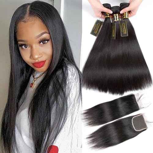 QTHAIR 16A Grade Brazilian Straight Human Hair Bundles with 4X4 HD Lace Closure(18" 20" 20"+16"Free Part Lace Closure,Natural Black) 100% Unprocessed Brazilian Virgin Hair Extensions for Women