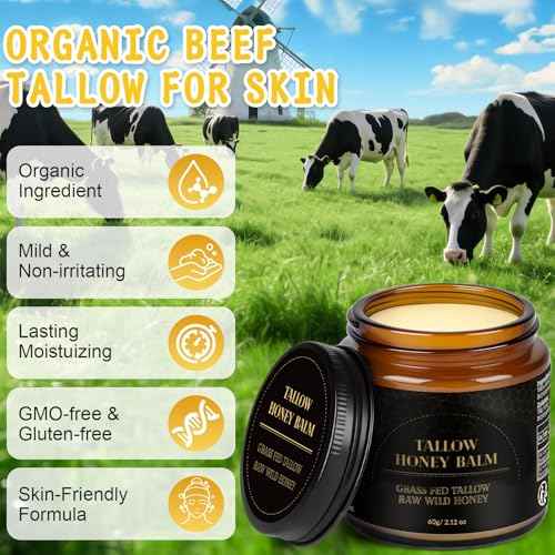 IIIMEIDU Beef Tallow for Skin, Tallow and Honey Balm for Face Moisturizer Balm, 100% Natural Organic Grass-Fed Beef, Honey, Vitamin E Oil for Body & Face (2.1 Oz)