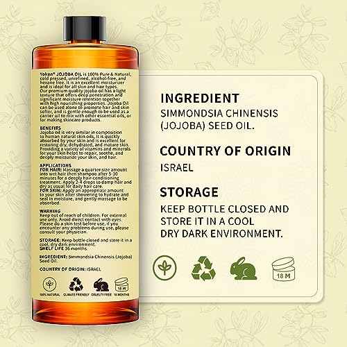 Yoken 32 fl oz (EWG Verified) 100% Pure Jojoba Carrier Oil - Unrefined, Hexane-Free, Cold Pressed for Skin, Face, Hair, Nails, and Massage