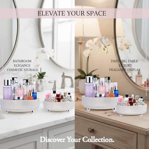 Rotating Bling Perfume Makeup Organizer, Rhinestone Cosmetic Display Cases with 2-Piece Set, 360¡Æ Spinning Bathroom Organizers for Countertop, Vanity Table | White
