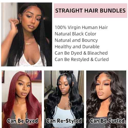 Peruvian Virgin Hair Straight Hair 3 Bundles 12 14 16 Inch Human Hair Bundles 100% Unprocessed Remy Hair Extensions Raw Quick Weave Sew In Hair Bundles Double Wefts Nature Black Color