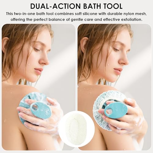 INNERNEED Food-Grade Soft Silicone Body Scrubber Shower Brush Handheld Cleansing Skin Brush, with Exfoliating Net Sponge Case (Pack of 4)