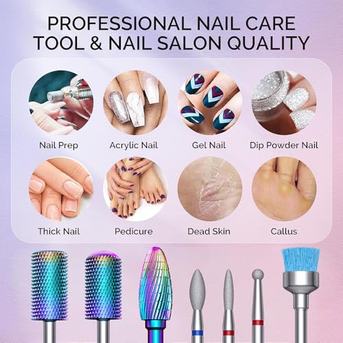 7Pcs Nail Drill Bits Set for Acrylic Nails - Tungsten Carbide & Diamond Cuticle Bits with Safety Round Top, 3/32" Professional Nail Tech Kit for Gel Removal, Beginner Friendly Manicure Pedicure Tools