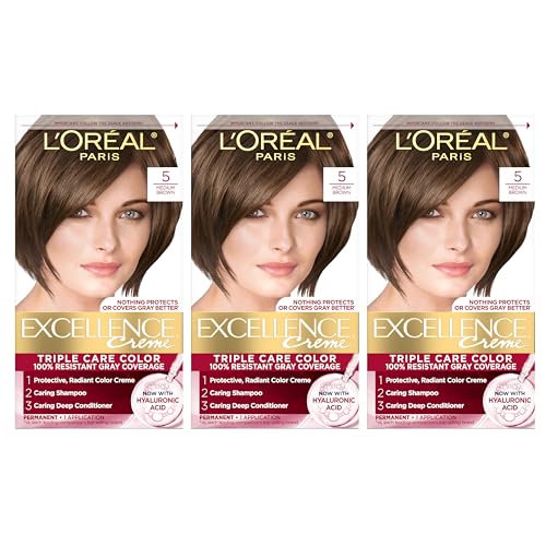 L'Oreal Paris Excellence Cr?me Permanent Hair Dye, Triple Care Hair Color with Pro-Keratine Complex for 100% Gray Hair Coverage, 5 Medium Brown, 1 Kit (Pack of 3)